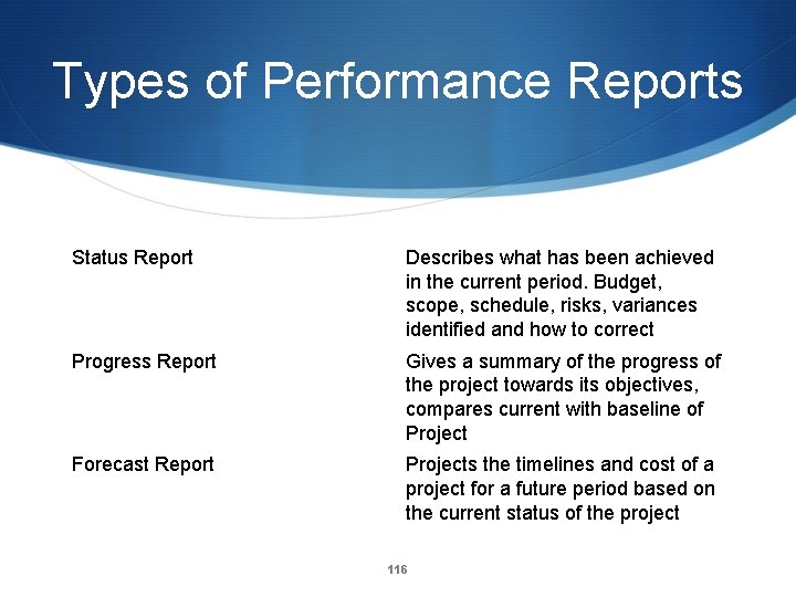 Types of Performance Reports Status Report Describes what has been achieved in the current