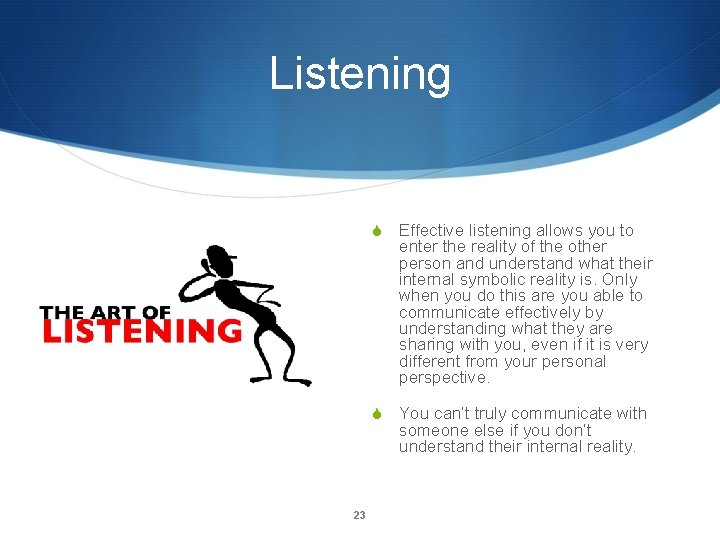 Listening 23 S Effective listening allows you to enter the reality of the other