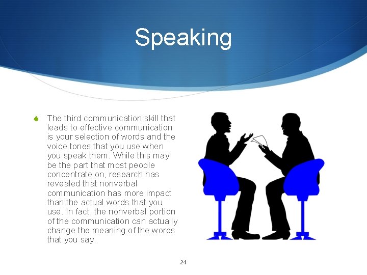 Speaking S The third communication skill that leads to effective communication is your selection