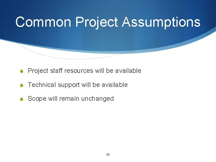 Common Project Assumptions S Project staff resources will be available S Technical support will