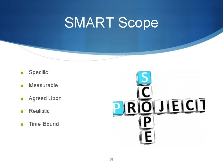 SMART Scope S Specific S Measurable S Agreed Upon S Realistic S Time Bound