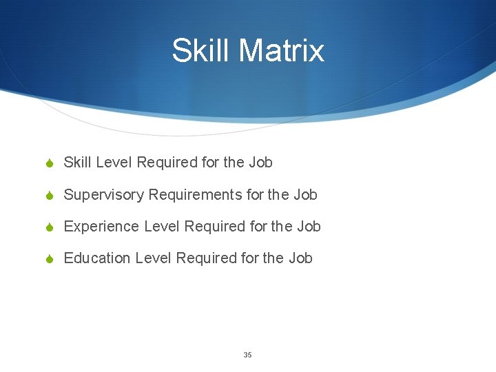 Skill Matrix S Skill Level Required for the Job S Supervisory Requirements for the