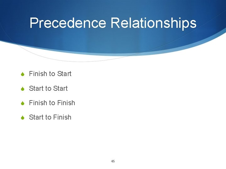 Precedence Relationships S Finish to Start S Start to Start S Finish to Finish