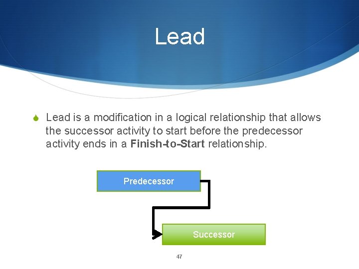 Lead S Lead is a modification in a logical relationship that allows the successor