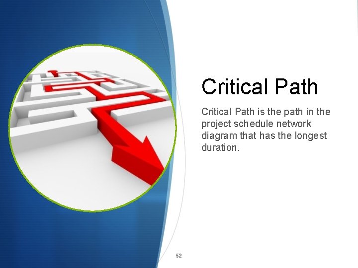 Critical Path is the path in the project schedule network diagram that has the