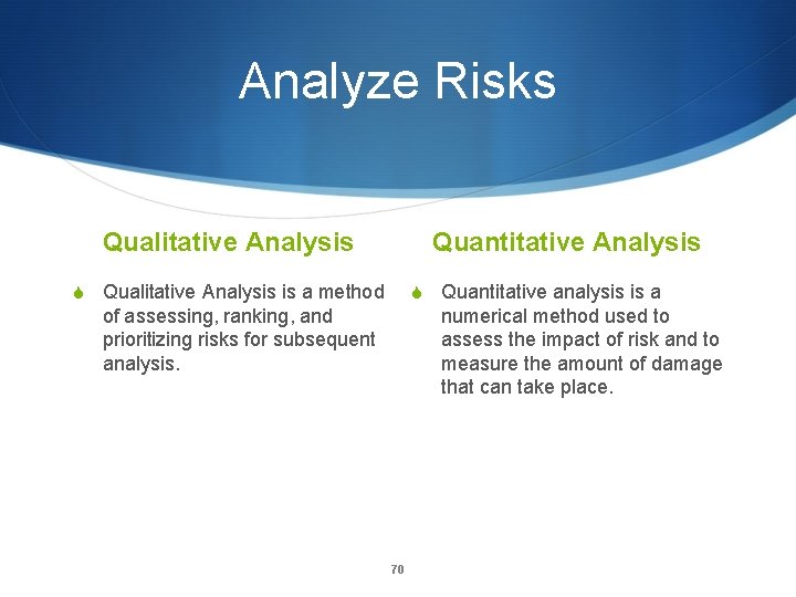 Analyze Risks Qualitative Analysis Quantitative Analysis S Qualitative Analysis is a method S Quantitative