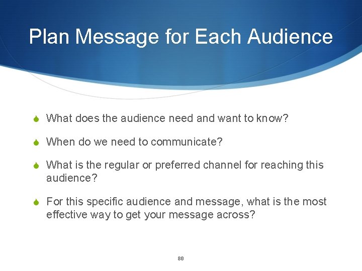 Plan Message for Each Audience S What does the audience need and want to