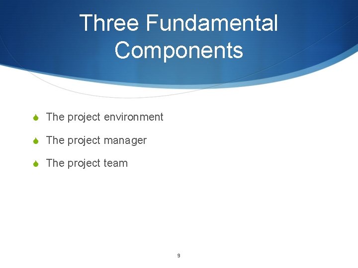 Three Fundamental Components S The project environment S The project manager S The project