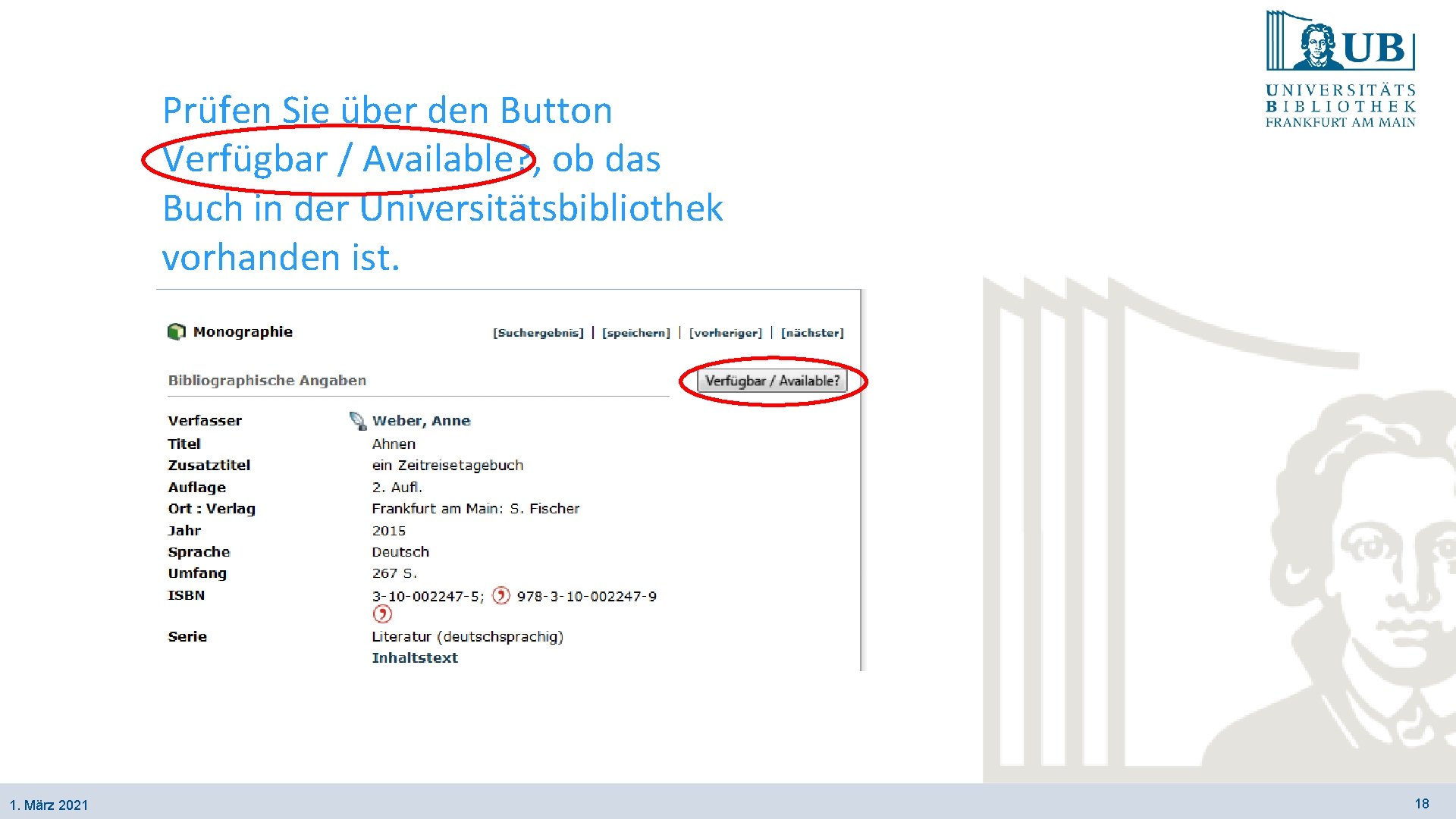 Prüfen Sie über den Button Verfügbar / Available? , ob das Buch in der