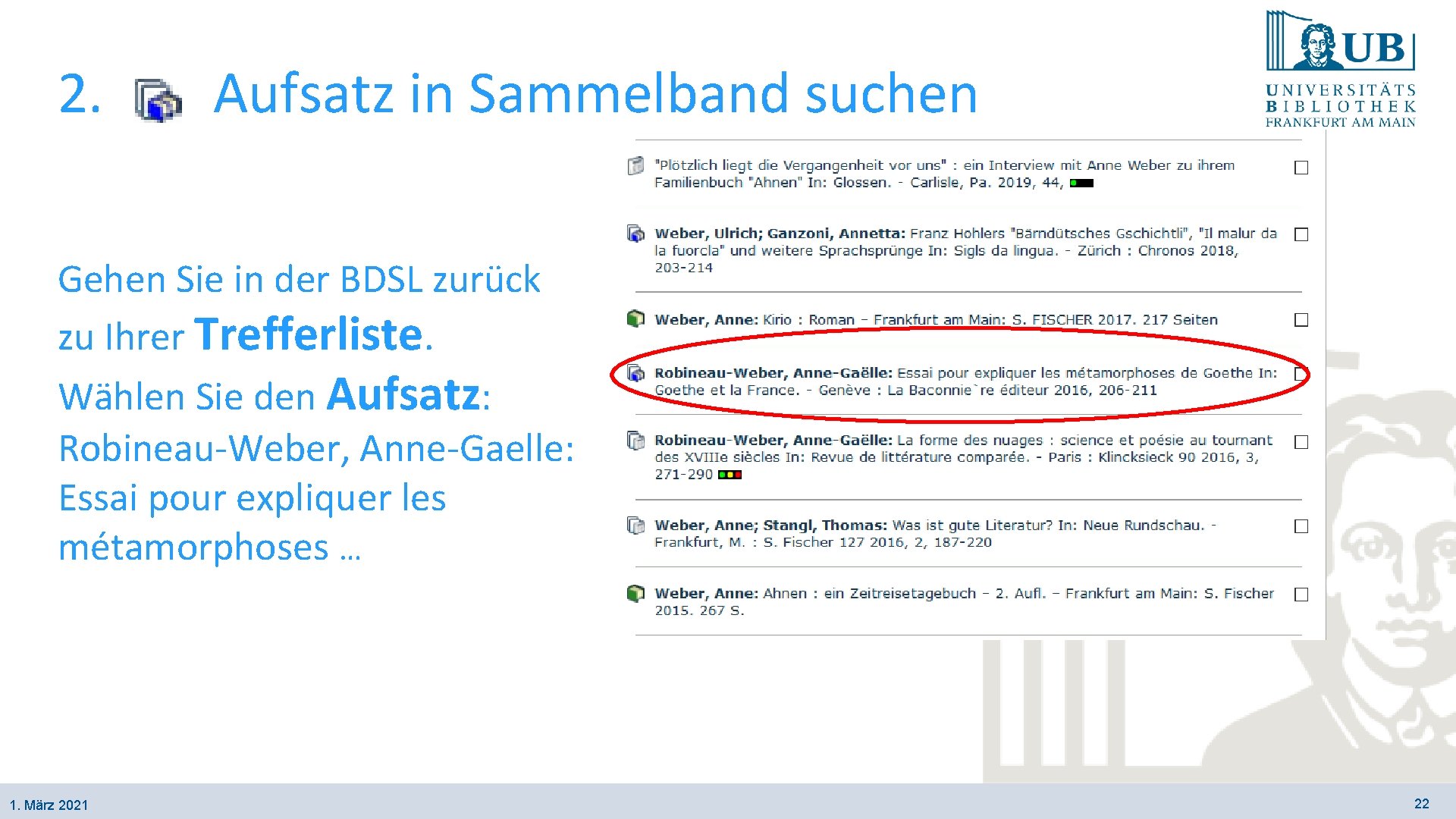 2. Aufsatz in Sammelband suchen Gehen Sie in der BDSL zurück zu Ihrer Trefferliste.