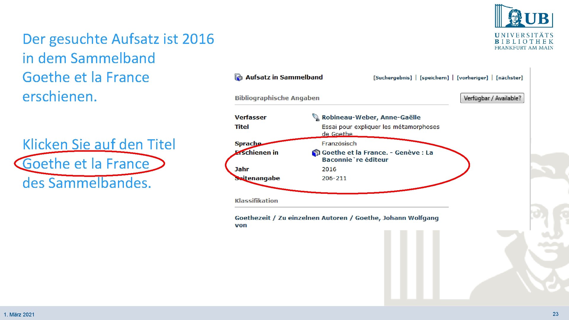 Der gesuchte Aufsatz ist 2016 in dem Sammelband Goethe et la France erschienen. Klicken