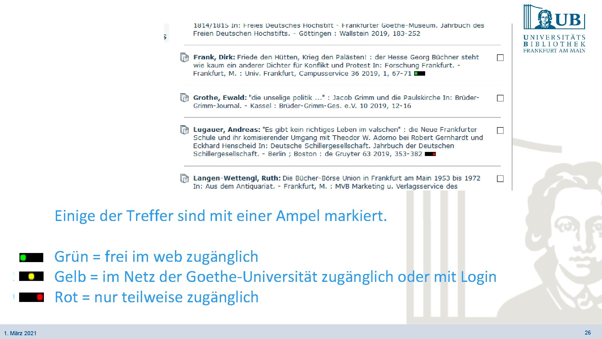 Einige der Treffer sind mit einer Ampel markiert. Grün = frei im web zugänglich