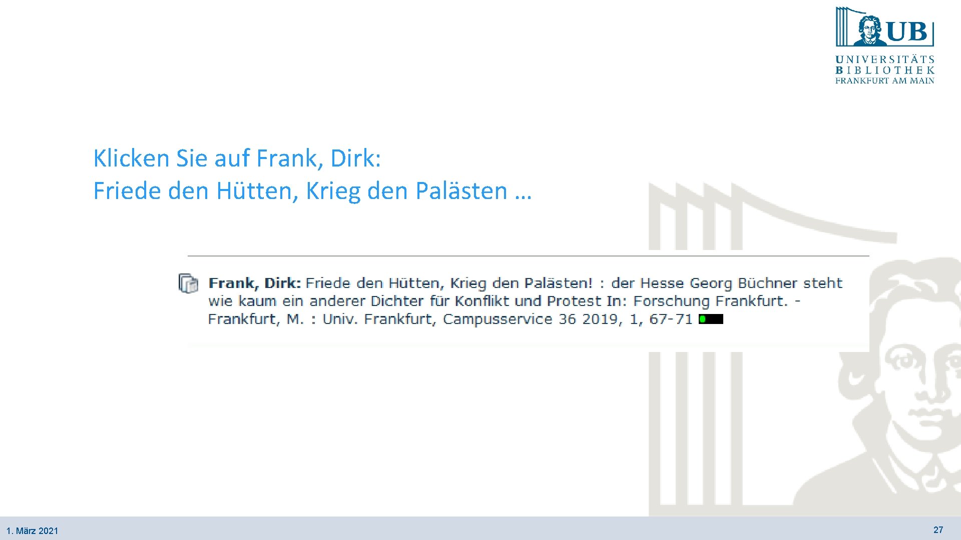 Klicken Sie auf Frank, Dirk: Friede den Hütten, Krieg den Palästen … 1. März