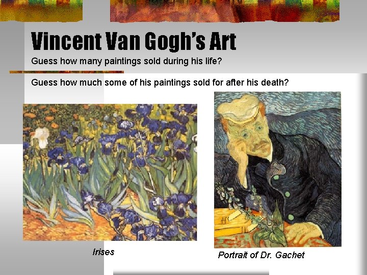 Vincent Van Gogh’s Art Guess how many paintings sold during his life? Guess how