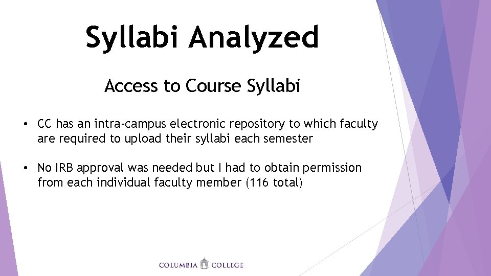 Syllabi Analyzed Access to Course Syllabi • CC has an intra-campus electronic repository to