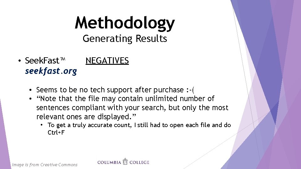 Methodology Generating Results • Seek. Fast™ NEGATIVES seekfast. org • Seems to be no
