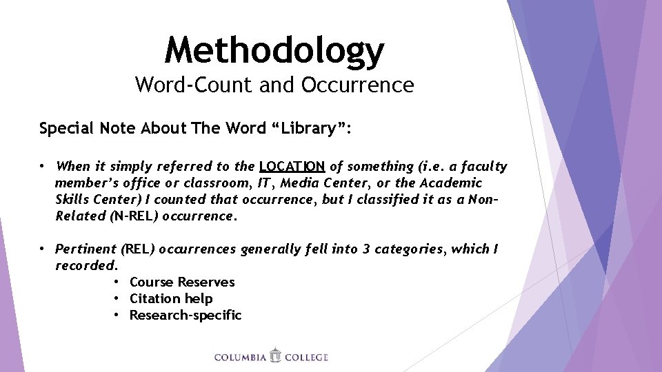 Methodology Word-Count and Occurrence Special Note About The Word “Library”: • When it simply