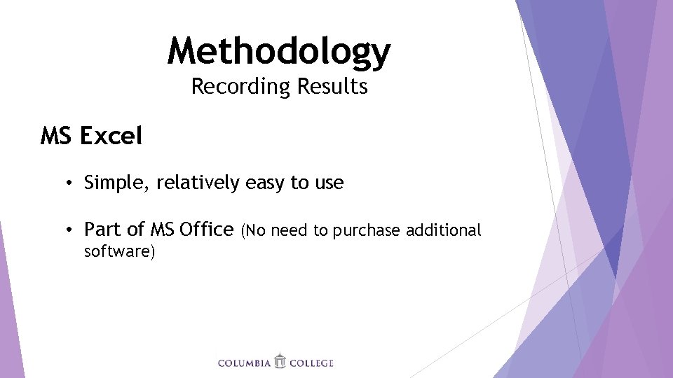 Methodology Recording Results MS Excel • Simple, relatively easy to use • Part of