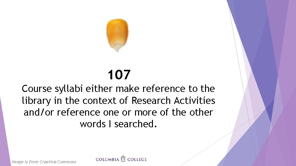 107 Course syllabi either make reference to the library in the context of Research