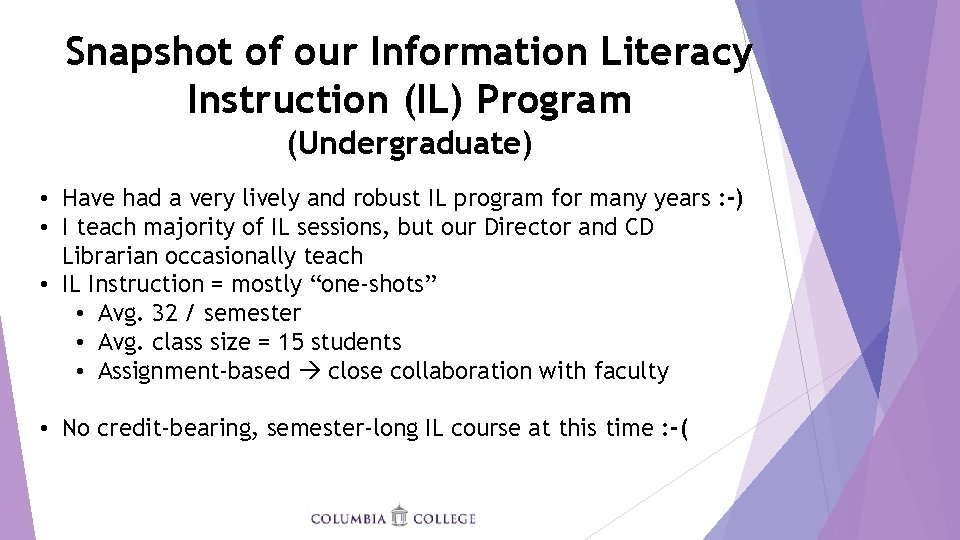 Snapshot of our Information Literacy Instruction (IL) Program (Undergraduate) • Have had a very