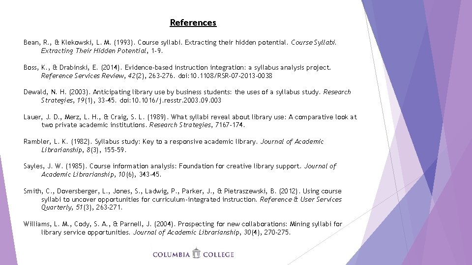 References Bean, R. , & Klekowski, L. M. (1993). Course syllabi. Extracting their hidden
