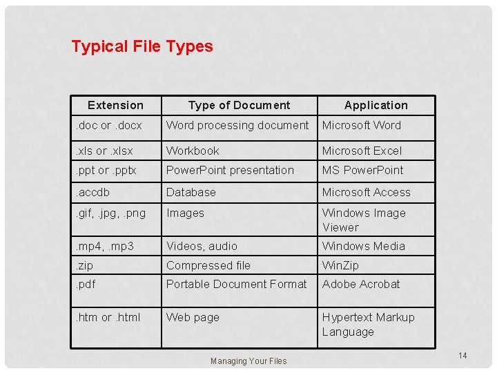 Typical File Types Extension Type of Document Application . doc or. docx Word processing