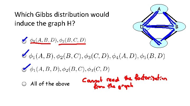 Which Gibbs distribution would induce the graph H? A D B C All of