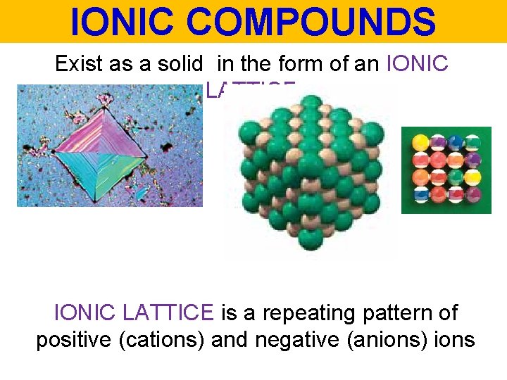 IONIC COMPOUNDS Exist as a solid in the form of an IONIC LATTICE is