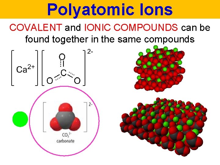 Polyatomic Ions COVALENT and IONIC COMPOUNDS can be found together in the same compounds