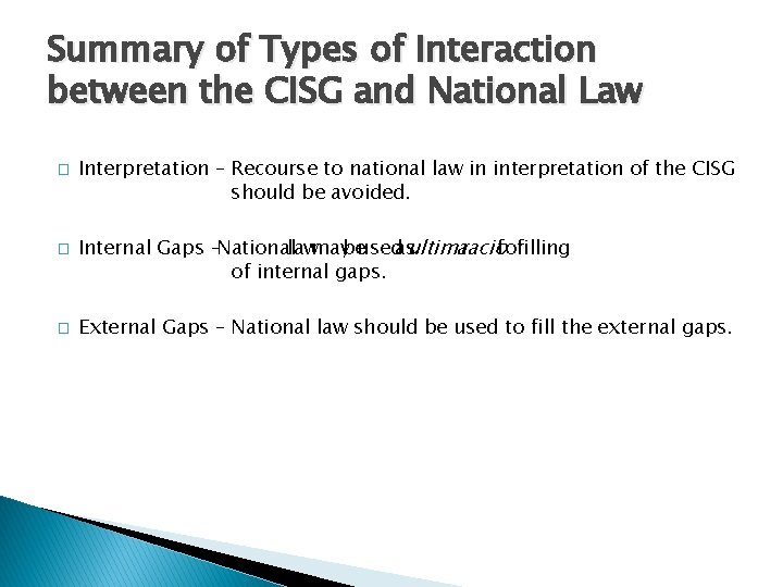 Summary of Types of Interaction between the CISG and National Law � � �