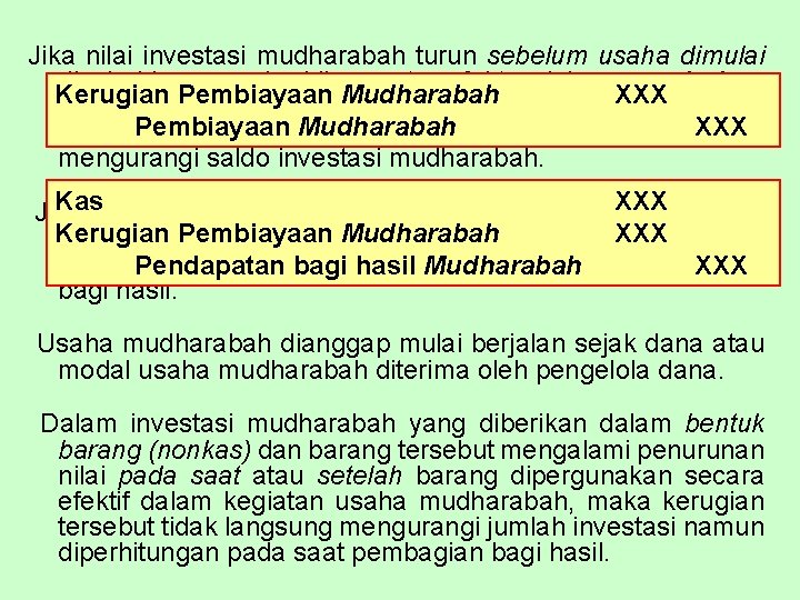 Jika nilai investasi mudharabah turun sebelum usaha dimulai disebabkan rusak, hilang atau faktor lain