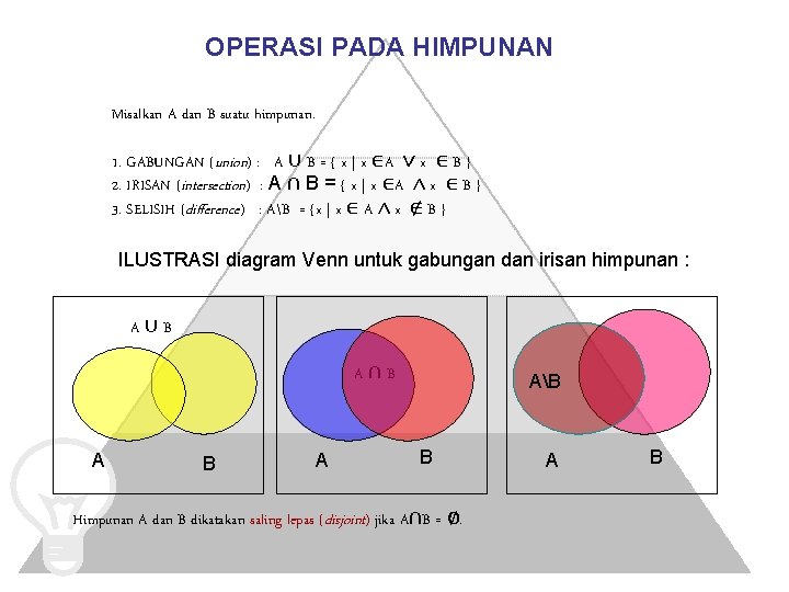 OPERASI PADA HIMPUNAN Misalkan A dan B suatu himpunan. 1. GABUNGAN (union) : A