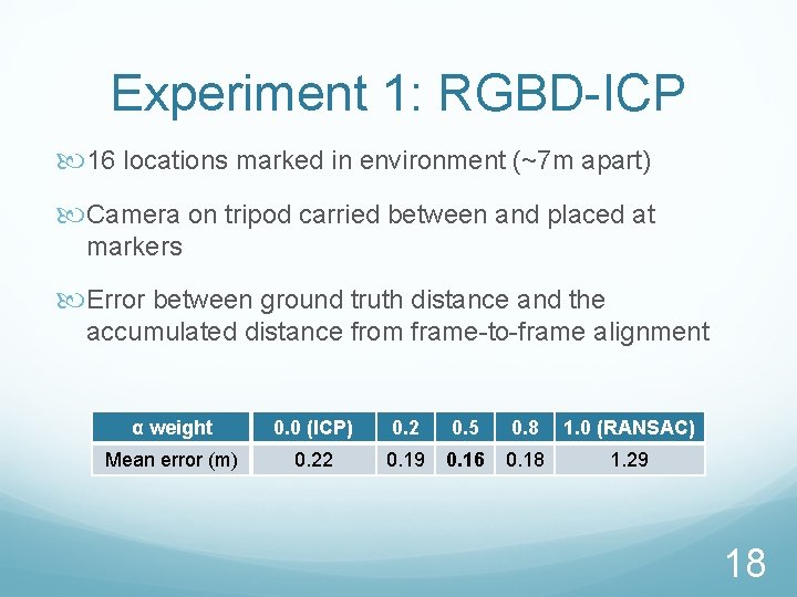 Experiment 1: RGBD-ICP 16 locations marked in environment (~7 m apart) Camera on tripod