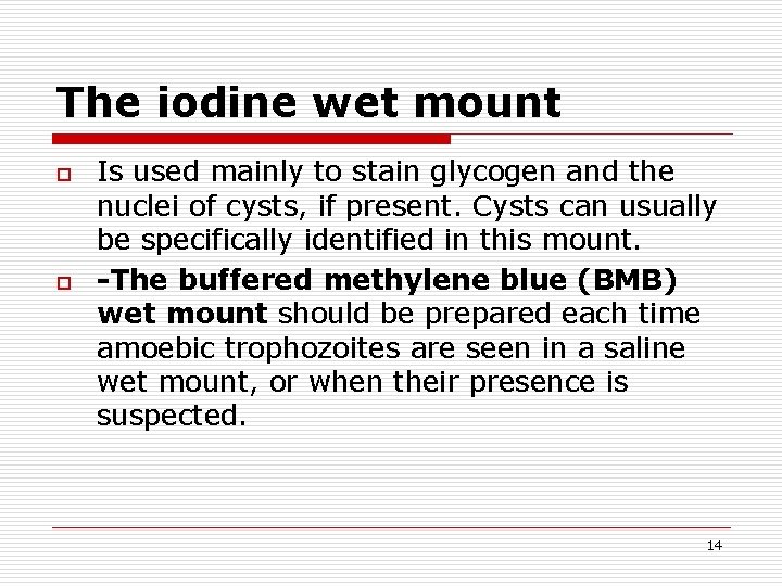 The iodine wet mount o o Is used mainly to stain glycogen and the