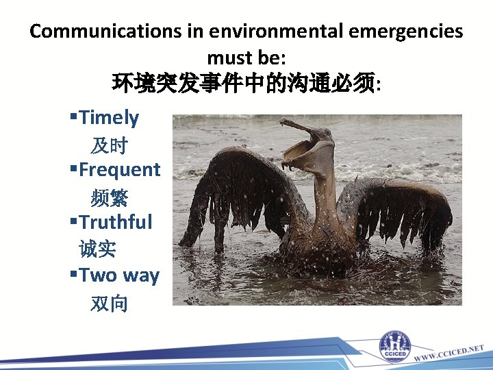 Communications in environmental emergencies must be: 环境突发事件中的沟通必须: §Timely 及时 §Frequent 频繁 §Truthful 诚实 §Two