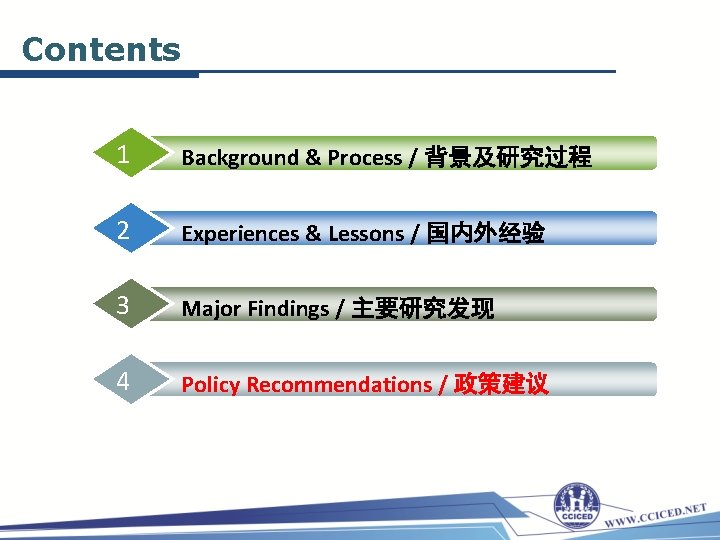 Contents 1 Background & Process / 背景及研究过程 2 Experiences & Lessons / 国内外经验 3