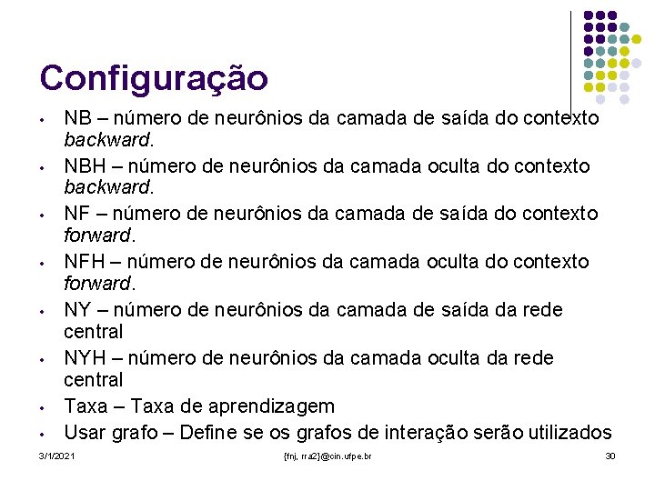 Configuração • • NB – número de neurônios da camada de saída do contexto