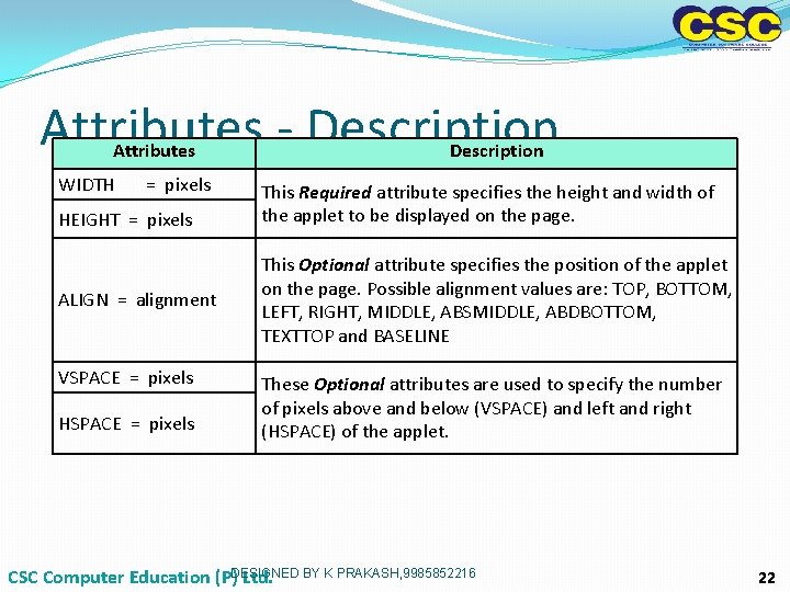 Attributes - Description Attributes WIDTH = pixels HEIGHT = pixels ALIGN = alignment VSPACE Attributes - Description Attributes WIDTH = pixels HEIGHT = pixels ALIGN = alignment VSPACE