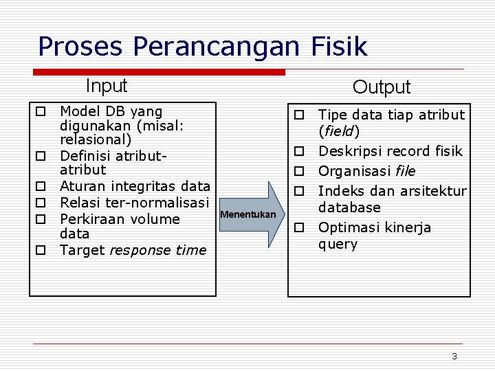 Proses Perancangan Fisik Input o Model DB yang digunakan (misal: relasional) o Definisi atribut