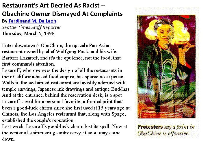 Restaurant's Art Decried As Racist -- Obachine Owner Dismayed At Complaints By Ferdinand M. Restaurant's Art Decried As Racist -- Obachine Owner Dismayed At Complaints By Ferdinand M.