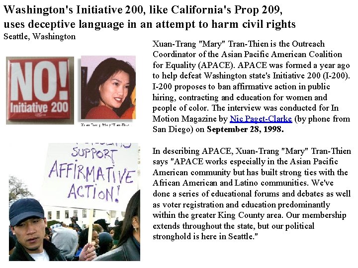 Washington's Initiative 200, like California's Prop 209, uses deceptive language in an attempt to Washington's Initiative 200, like California's Prop 209, uses deceptive language in an attempt to