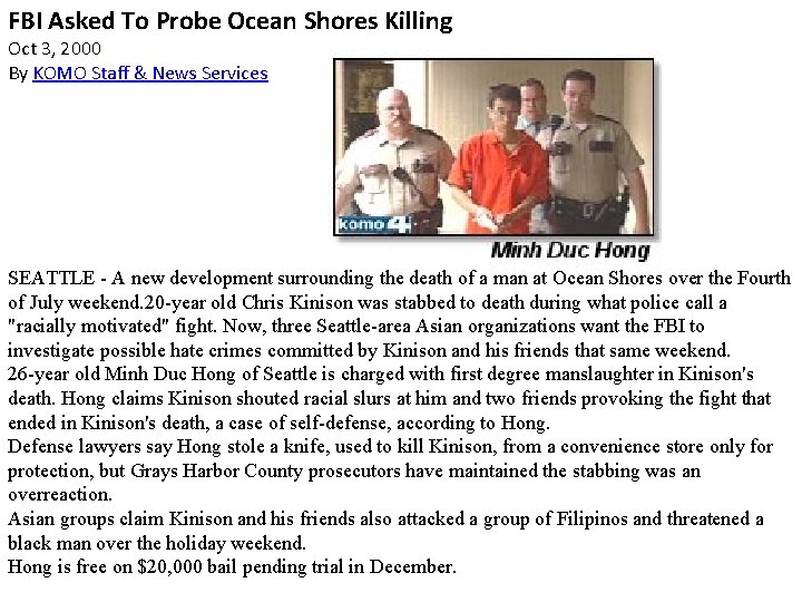 FBI Asked To Probe Ocean Shores Killing Oct 3, 2000 By KOMO Staff & FBI Asked To Probe Ocean Shores Killing Oct 3, 2000 By KOMO Staff &