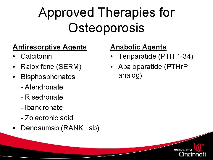 Approved Therapies for Osteoporosis Antiresorptive Agents • Calcitonin • Raloxifene (SERM) • Bisphonates -
