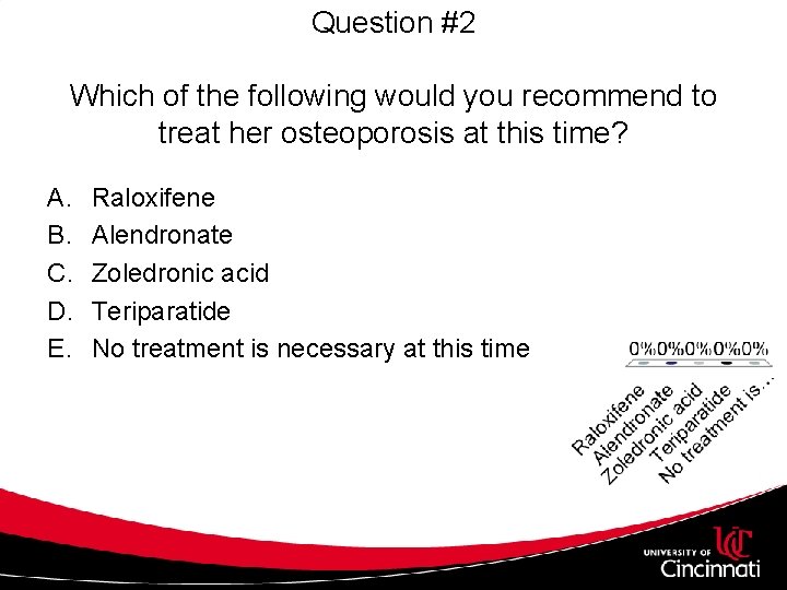 Question #2 Which of the following would you recommend to treat her osteoporosis at