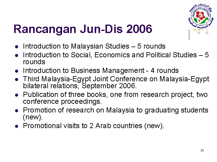 Rancangan Jun-Dis 2006 l l l l Introduction to Malaysian Studies – 5 rounds