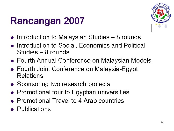 Rancangan 2007 l l l l Introduction to Malaysian Studies – 8 rounds Introduction
