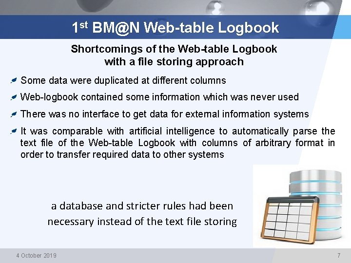 1 st BM@N Web-table Logbook Shortcomings of the Web-table Logbook with a file storing