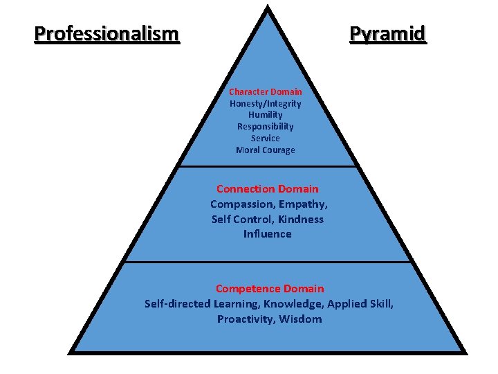 Professionalism Pyramid Character Domain Honesty/Integrity Humility Responsibility Service Moral Courage Connection Domain Compassion, Empathy,