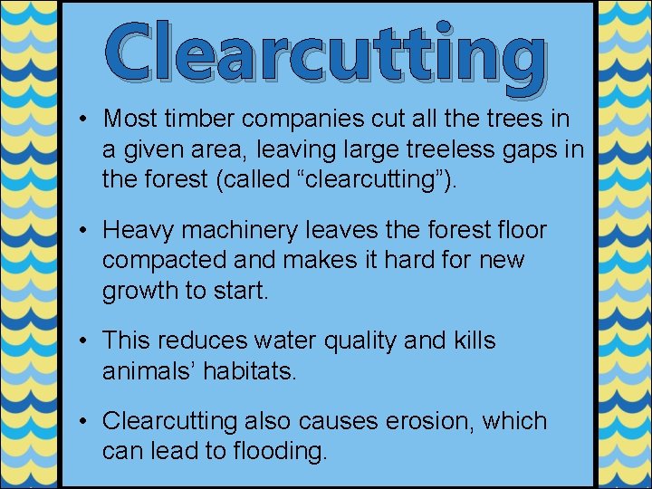 Clearcutting • Most timber companies cut all the trees in a given area, leaving