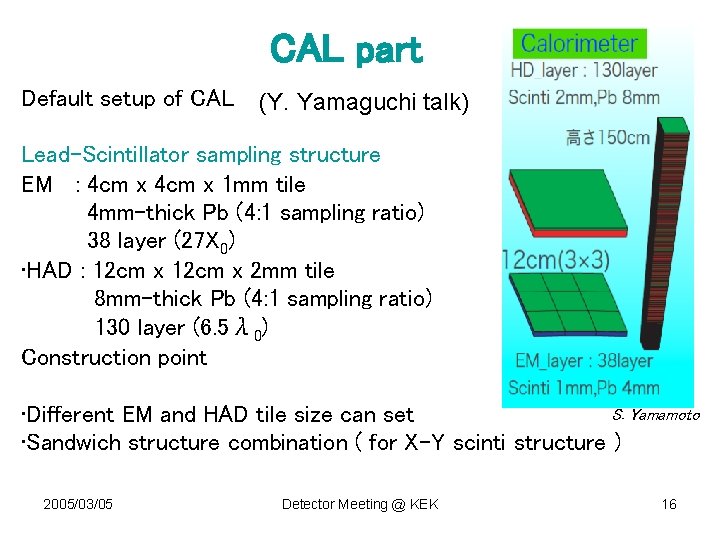 CAL part Default setup of CAL (Y. Yamaguchi talk) Lead-Scintillator sampling structure EM :